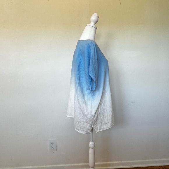 Ombre Cotton Gauze Top Blue to White Beachy Boho V Neck Tee Size XL - Picture 5 of 10